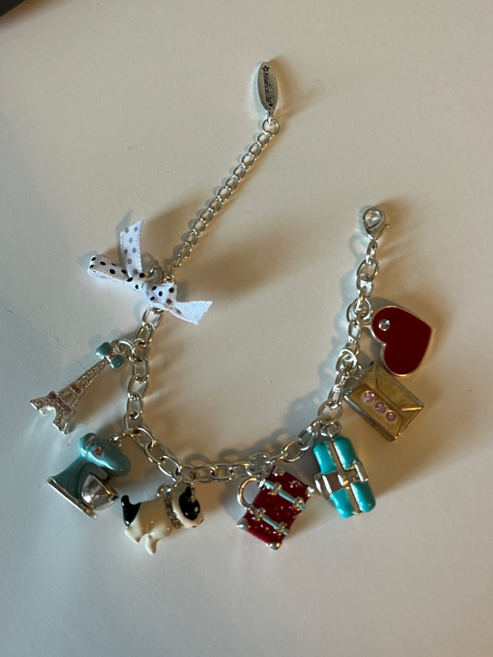 American Girl Silver Charm Bracelet with Red, Turquoise & White Accents